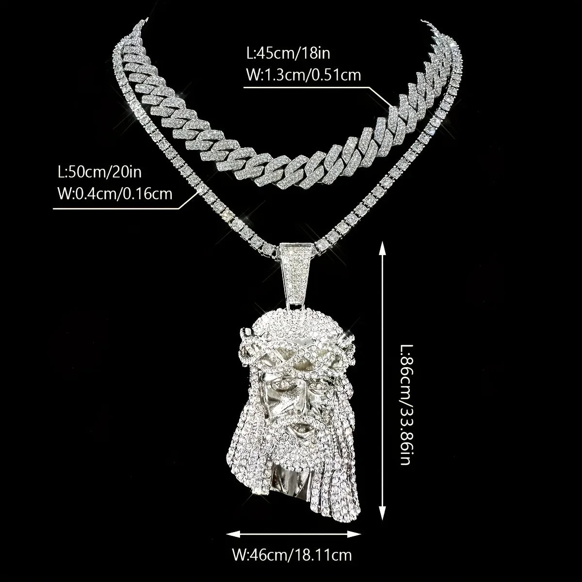 Stylish 3D Jesus Pendant Necklace - Hip Hop Inspired with Layered Cuban & Tennis Chains, Rhinestone Accents,Fashion Jewelry