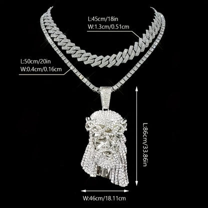 Stylish 3D Jesus Pendant Necklace - Hip Hop Inspired with Layered Cuban & Tennis Chains, Rhinestone Accents,Fashion Jewelry