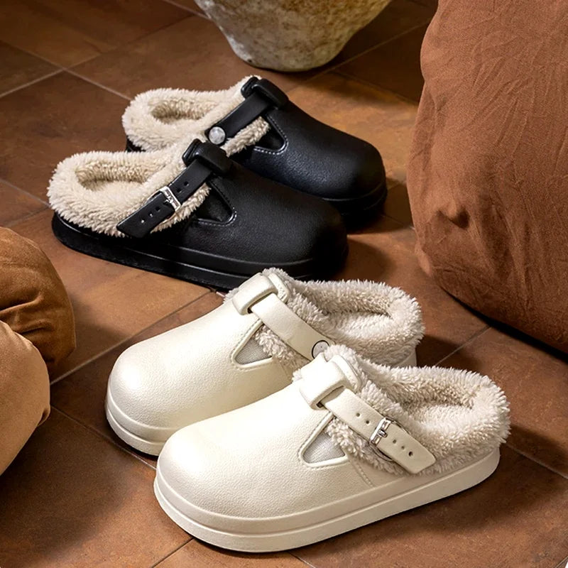 Waterproof Eva Furry Mules Slippers Women 2025 Winter Metal Buckle Warm Plush Slippers Soft Thick Bottom Non Slip Indoor Slides