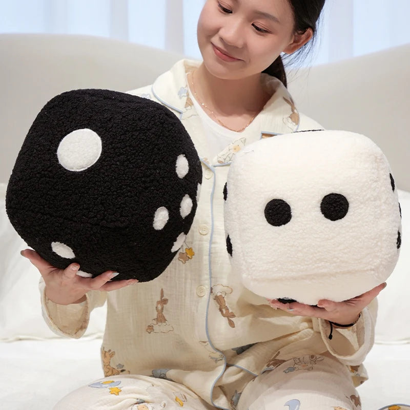 25cm Fun Dice Pillow Soft Stuffed Plush Toy Black White Dice Rolling Game Props Compare Sizes Funny Gift For Party Entertainment