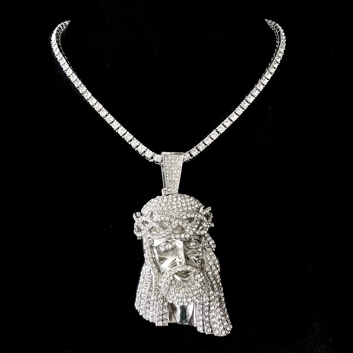 Stylish 3D Jesus Pendant Necklace - Hip Hop Inspired with Layered Cuban & Tennis Chains, Rhinestone Accents,Fashion Jewelry