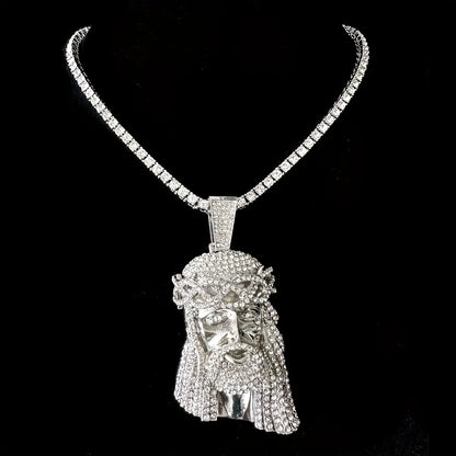 Stylish 3D Jesus Pendant Necklace - Hip Hop Inspired with Layered Cuban & Tennis Chains, Rhinestone Accents,Fashion Jewelry