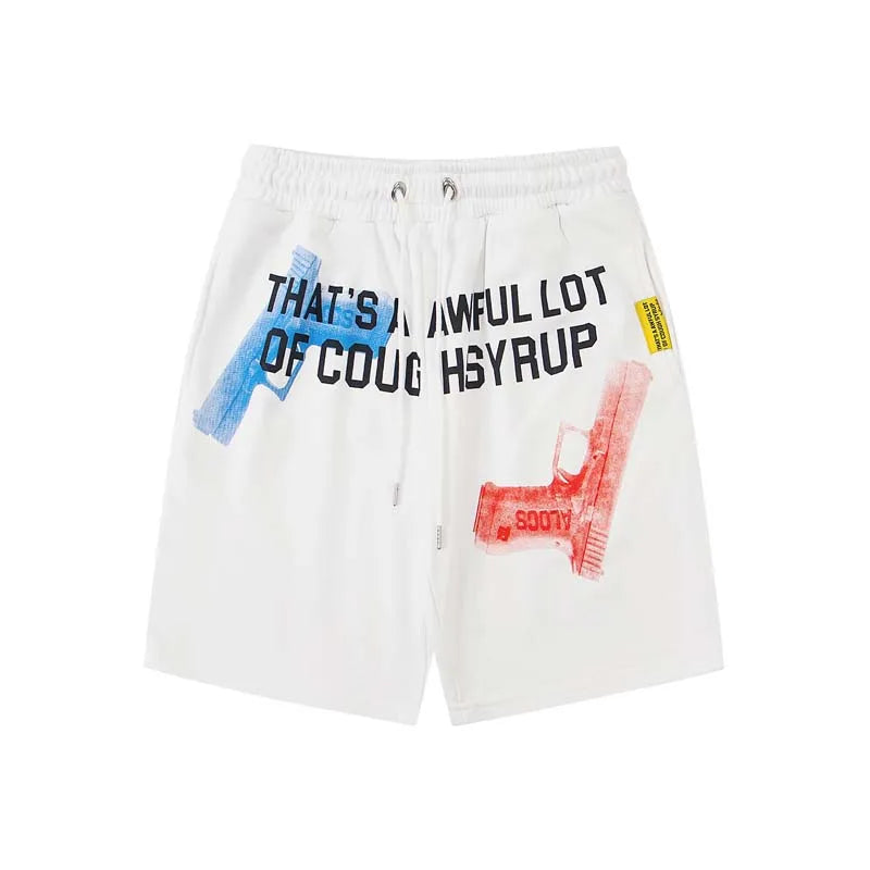 Hip Hop That's A Awful Lot of Cough Syrup Gun Print Short Pants High Quality Men Women Drawstring Black White Loose Shorts