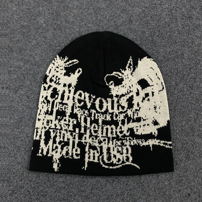 Gothic Dragon Print Letter Graphic Beanie Women 2026 Black Y2K Punk Streetwear Hat