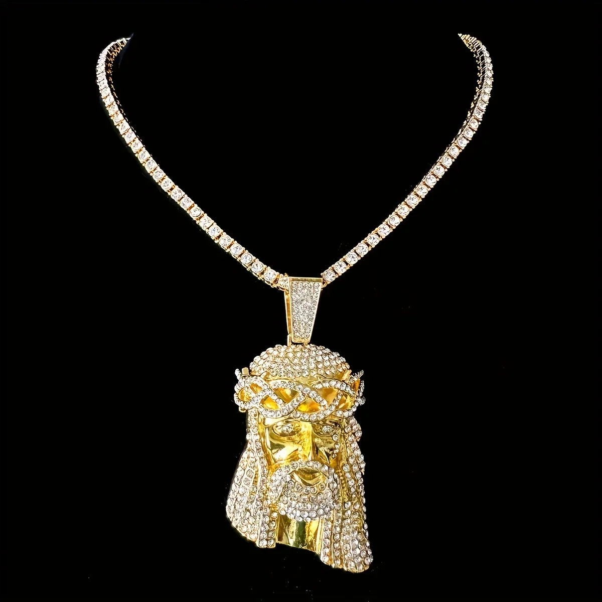 Stylish 3D Jesus Pendant Necklace - Hip Hop Inspired with Layered Cuban & Tennis Chains, Rhinestone Accents,Fashion Jewelry