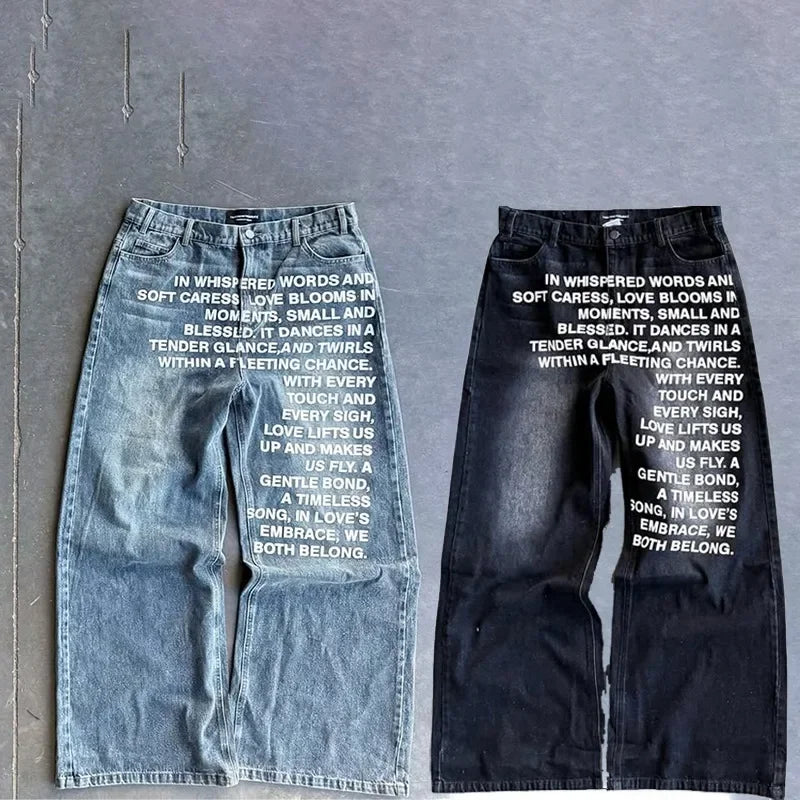 American retro patterned alphabet men jeans personalized street clothing Y2K goth men and women fashion casual pants