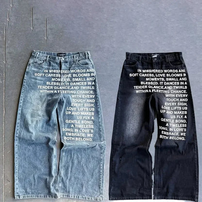 American retro patterned alphabet men jeans personalized street clothing Y2K goth men and women fashion casual pants