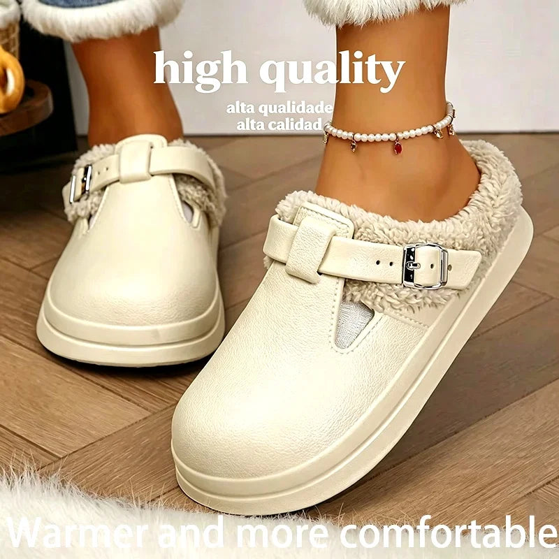 Waterproof Eva Furry Mules Slippers Women 2025 Winter Metal Buckle Warm Plush Slippers Soft Thick Bottom Non Slip Indoor Slides