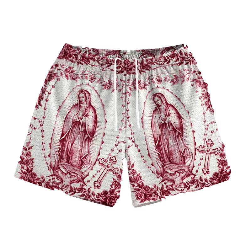 Our Lady Of Guadalupe Pattern Print Beach Shorts Men Women Summer Street Casual Breathable Rose Design Flowers Board Short New