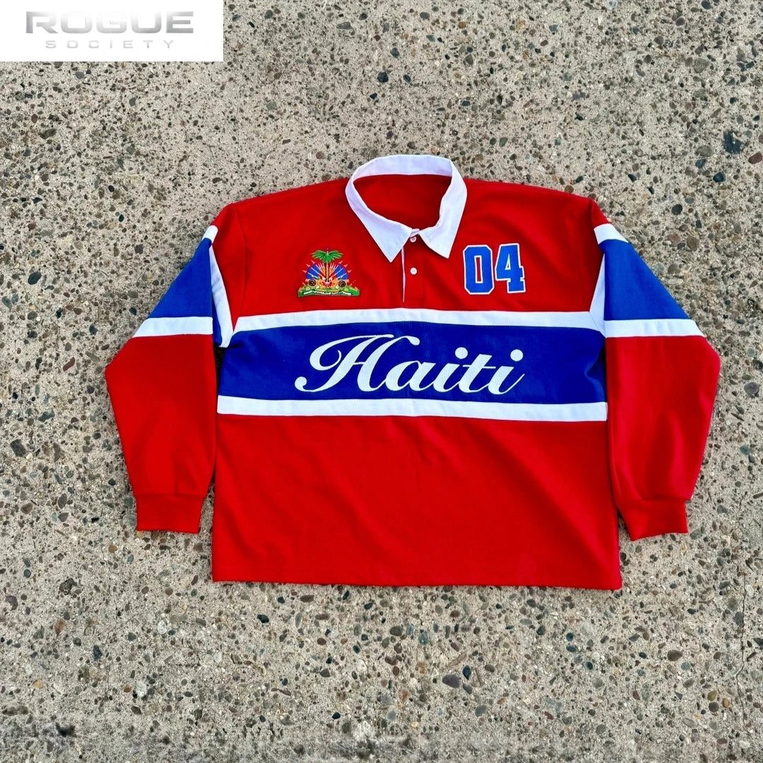 Mens Polo Vintage Shirt Long Sleeve Block Red Blue White Harajuku Unisex Casual Loose Fit Streetwear Preppy Sports Fashion Y2k
