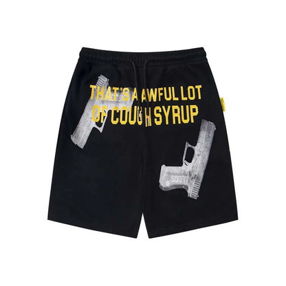Hip Hop That's A Awful Lot of Cough Syrup Gun Print Short Pants High Quality Men Women Drawstring Black White Loose Shorts