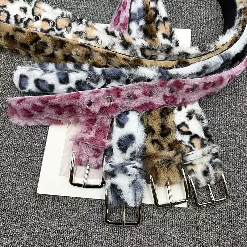 Y2k pink fur Leopard Print Belts Women Vintage Design Zebra Print Belt Punk American Chic Jeans Accessories Sexy Pin Buckle Belt