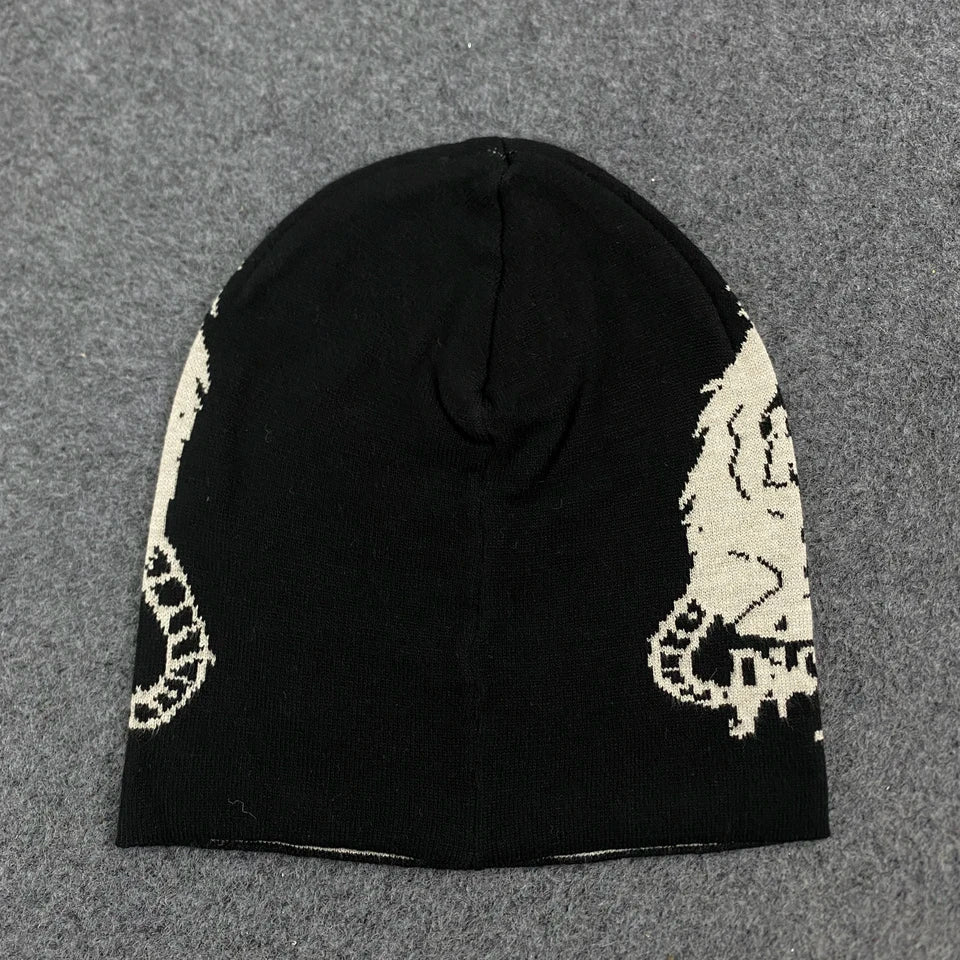 Gothic Dragon Print Letter Graphic Beanie Women 2026 Black Y2K Punk Streetwear Hat