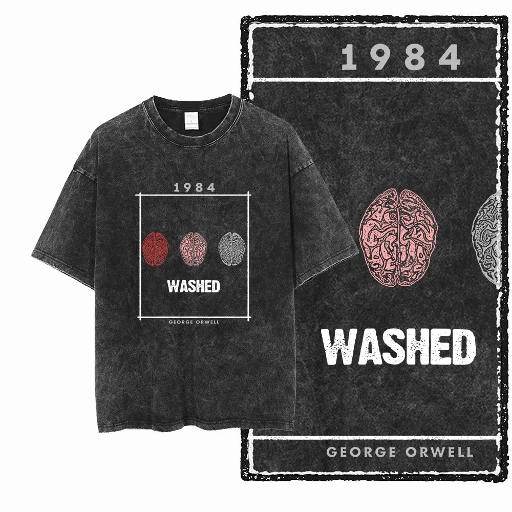 Black 1984 Vintage George Orwell Acid Wash Cotton T-Shirt
