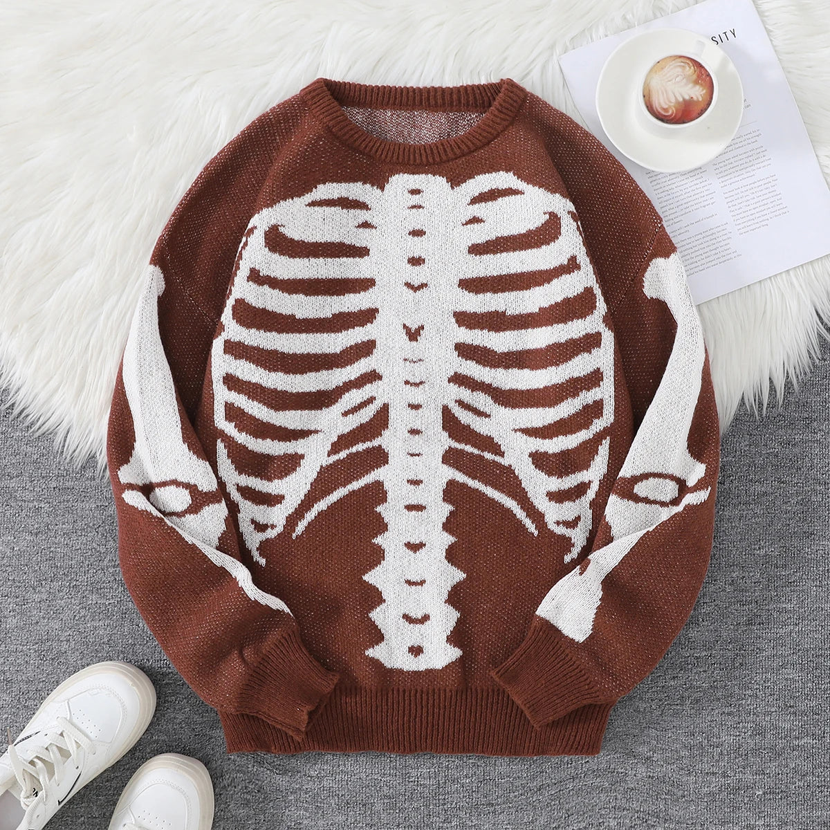 New Trendy Body Skeleton Jacquard Pattern Pullover Sweater Casual Round Neck Color-Blocking Knit Men's Pullover