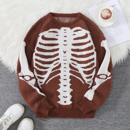 New Trendy Body Skeleton Jacquard Pattern Pullover Sweater Casual Round Neck Color-Blocking Knit Men's Pullover