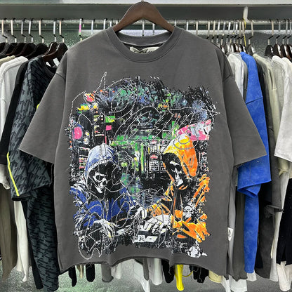 Shinning Bling Diamond Short Sleeve Cropped T-shirt for Men and Women Crew Neck Rhinestone Loose Cotton Summer Tshirts Oversized