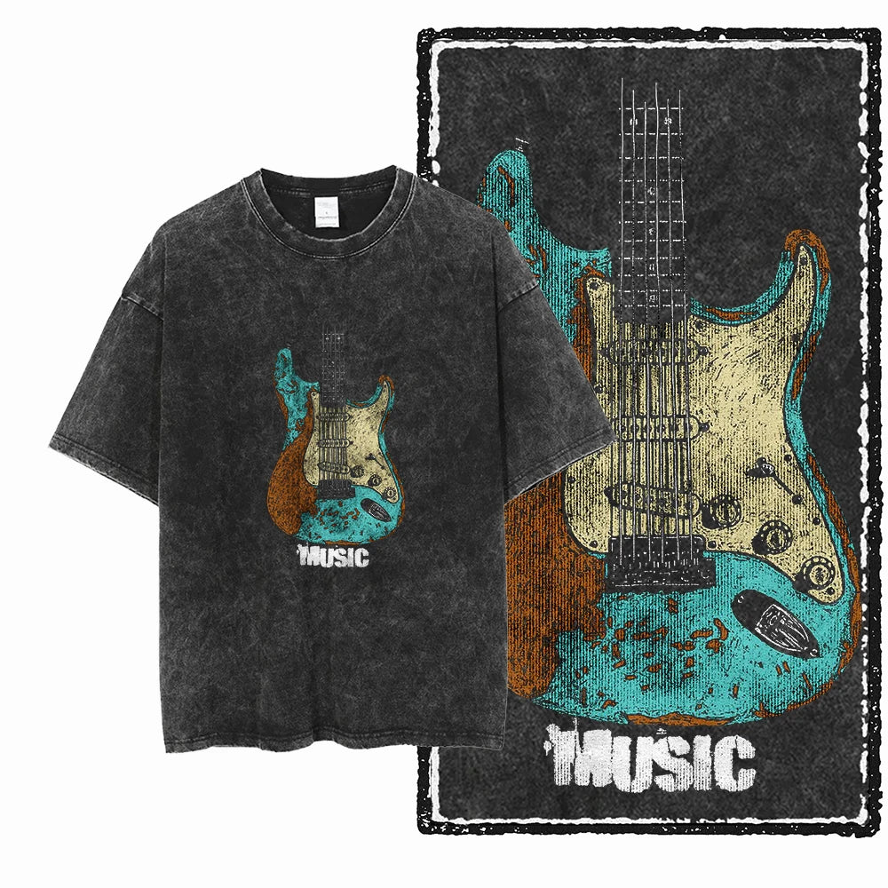 Black Vintage Music Guitar Graphic Oversized T-Shirt