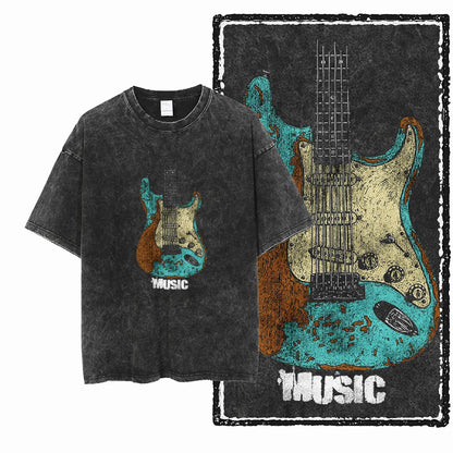 Black Vintage Music Guitar Graphic Oversized T-Shirt