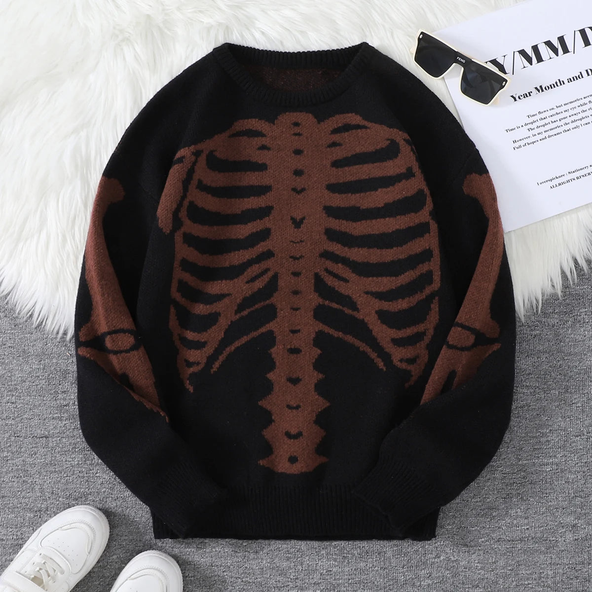 New Trendy Body Skeleton Jacquard Pattern Pullover Sweater Casual Round Neck Color-Blocking Knit Men's Pullover