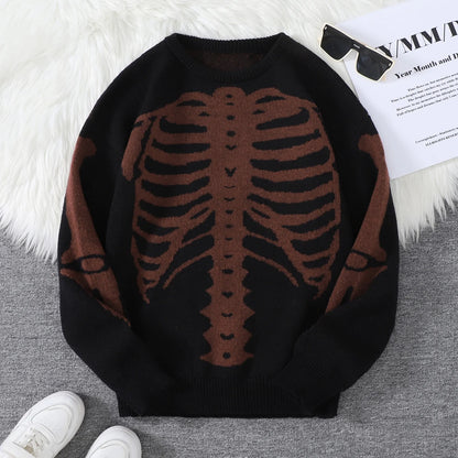 New Trendy Body Skeleton Jacquard Pattern Pullover Sweater Casual Round Neck Color-Blocking Knit Men's Pullover