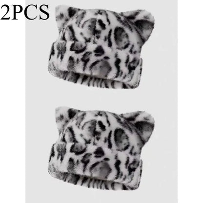 Leopard Print Plush Teddy Bear Hat for Women, Sweet and Cute, Thick and Warm, Retro and Versatile, Hooded Beanie.