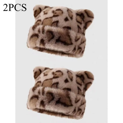 Leopard Print Plush Teddy Bear Hat for Women, Sweet and Cute, Thick and Warm, Retro and Versatile, Hooded Beanie.