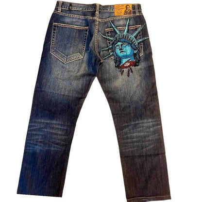 Y2k 2000s Statue of liberty Diamonds Jeans Casual Denim Pants High Waist Straight Wide Leg Jeans Harajuku Vintage Women Clothing