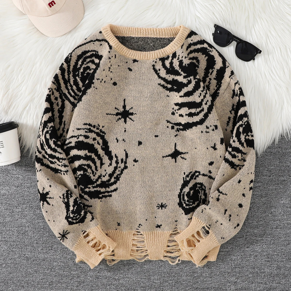 New Trendy Street Style Ripped Abstract Starry Sky Pattern Pullover Ripped Sweater Casual Crew Neck Knitted Men's Pullover