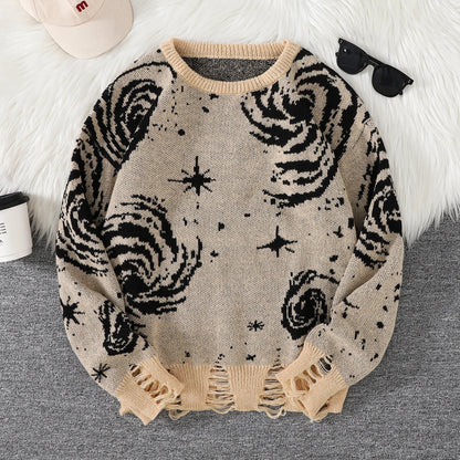 New Trendy Street Style Ripped Abstract Starry Sky Pattern Pullover Ripped Sweater Casual Crew Neck Knitted Men's Pullover
