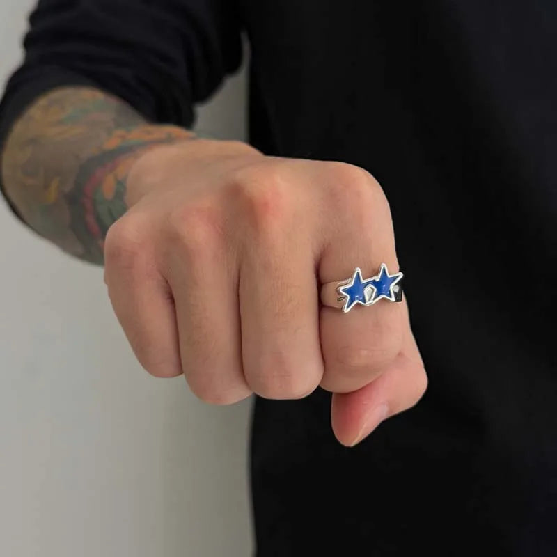 Vintage Black Drip Oil Pentagram Star Open Rings for Women Men Hip Hop Rock Metal Star Adjustable Couple Rings Jewelry
