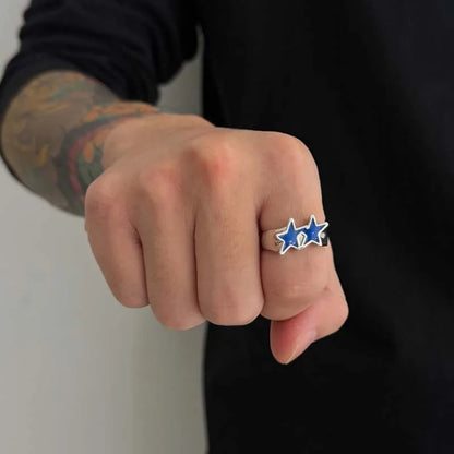 Vintage Black Drip Oil Pentagram Star Open Rings for Women Men Hip Hop Rock Metal Star Adjustable Couple Rings Jewelry