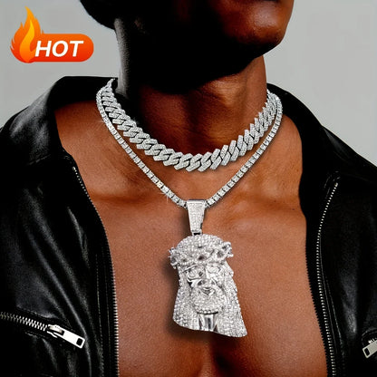 Stylish 3D Jesus Pendant Necklace - Hip Hop Inspired with Layered Cuban & Tennis Chains, Rhinestone Accents,Fashion Jewelry