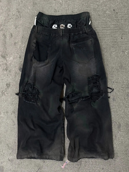 2026 New Y2K Korean fashion brand stripe hole baggy jeans harajuku men women street hip hop casual couple Wide-leg pants