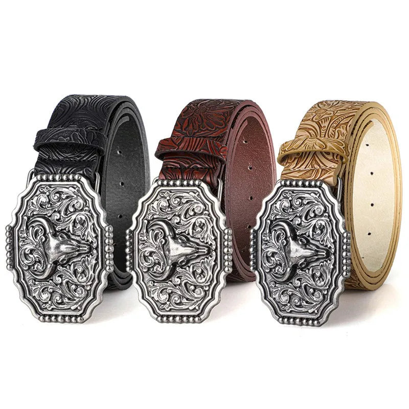 Western Bull Ox Head Leather Buckle Belt