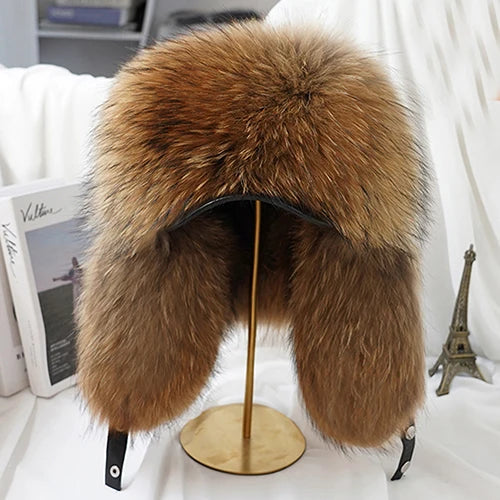 New Winter Men's 100% Real Silver Fox Fur Bomber Hat Raccoon Fur Ushanka Cap Trapper Russian Man Ski Hats Caps Real Leather