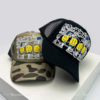 New Unisex 3D Printed Letter Smiling Face Baseball Hats Color Block Sunshade Hip Hop Breathable Trucker Caps Mesh Versatile ins