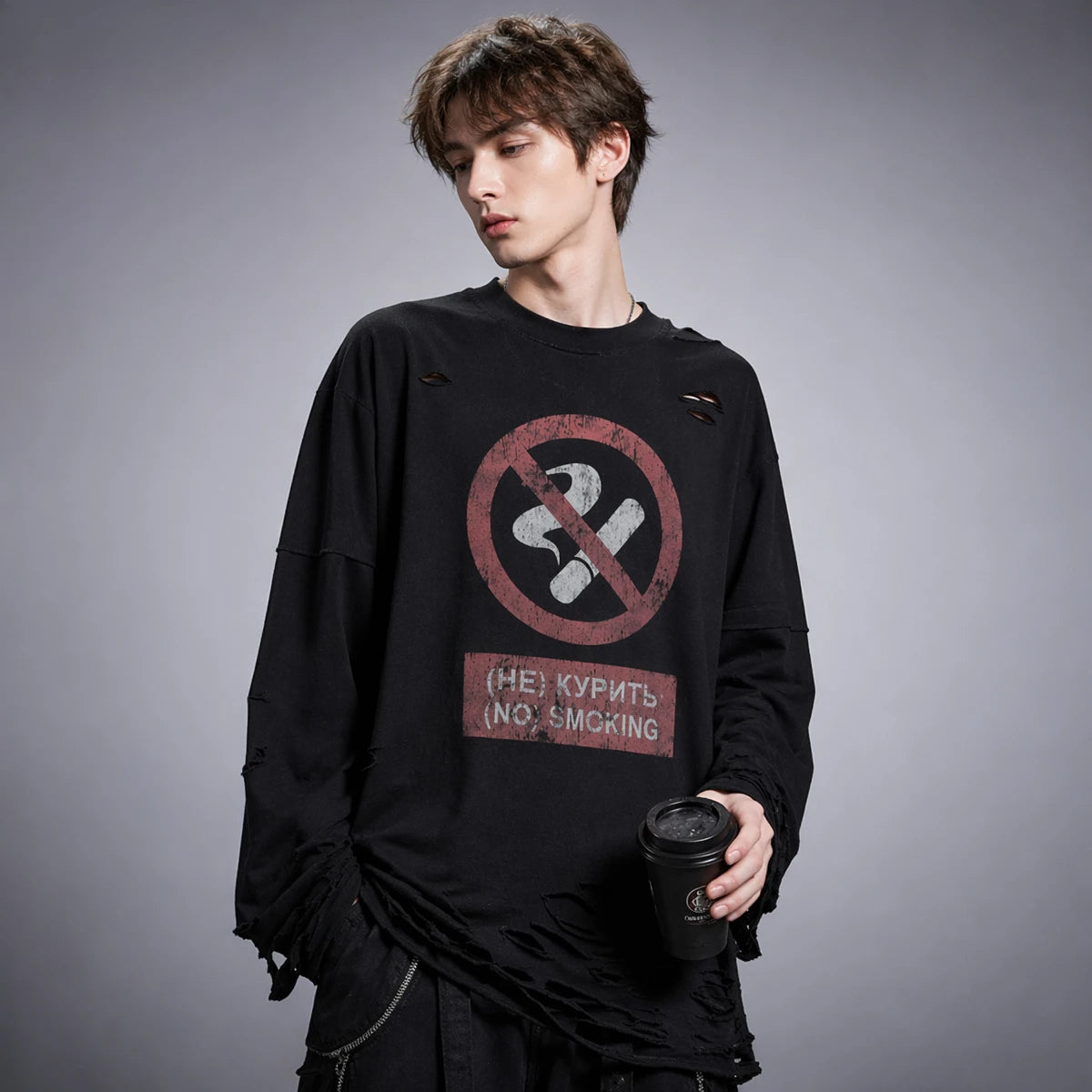 Y2K Cigarette Pattern Print Streetwear Harajuku Hip Hop Ripped Long Sleeve Top Gothic Fashion Crew Neck Sweatshirt Men Women