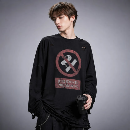 Y2K Cigarette Pattern Print Streetwear Harajuku Hip Hop Ripped Long Sleeve Top Gothic Fashion Crew Neck Sweatshirt Men Women