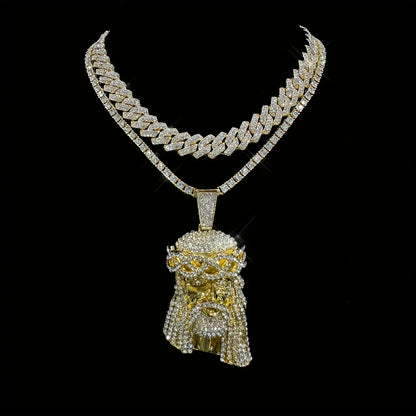 Stylish 3D Jesus Pendant Necklace - Hip Hop Inspired with Layered Cuban & Tennis Chains, Rhinestone Accents,Fashion Jewelry