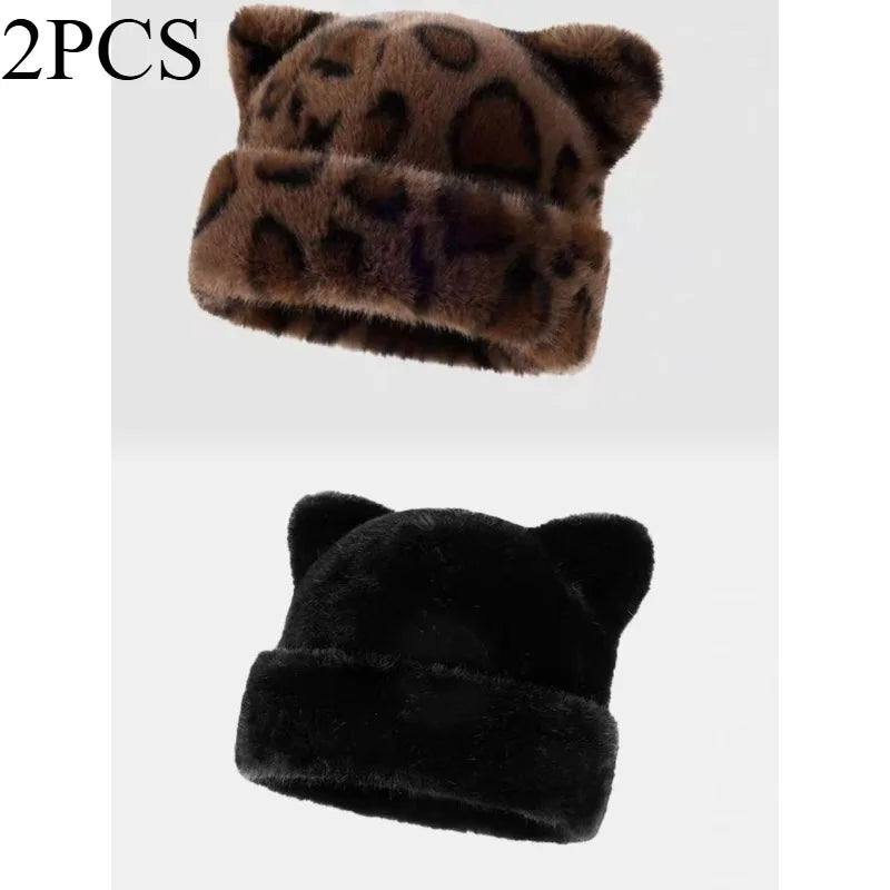 Leopard Print Plush Teddy Bear Hat for Women, Sweet and Cute, Thick and Warm, Retro and Versatile, Hooded Beanie.
