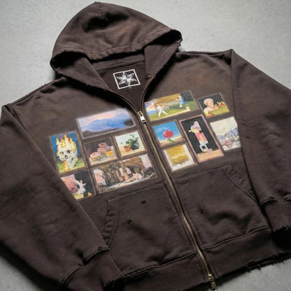 Y2K Retro Brown Washed Hoodie Pixel Paint Print Gallery Zipper Sweatshirt Trendy Distressed Streetwear Unisex Oversize Clothing