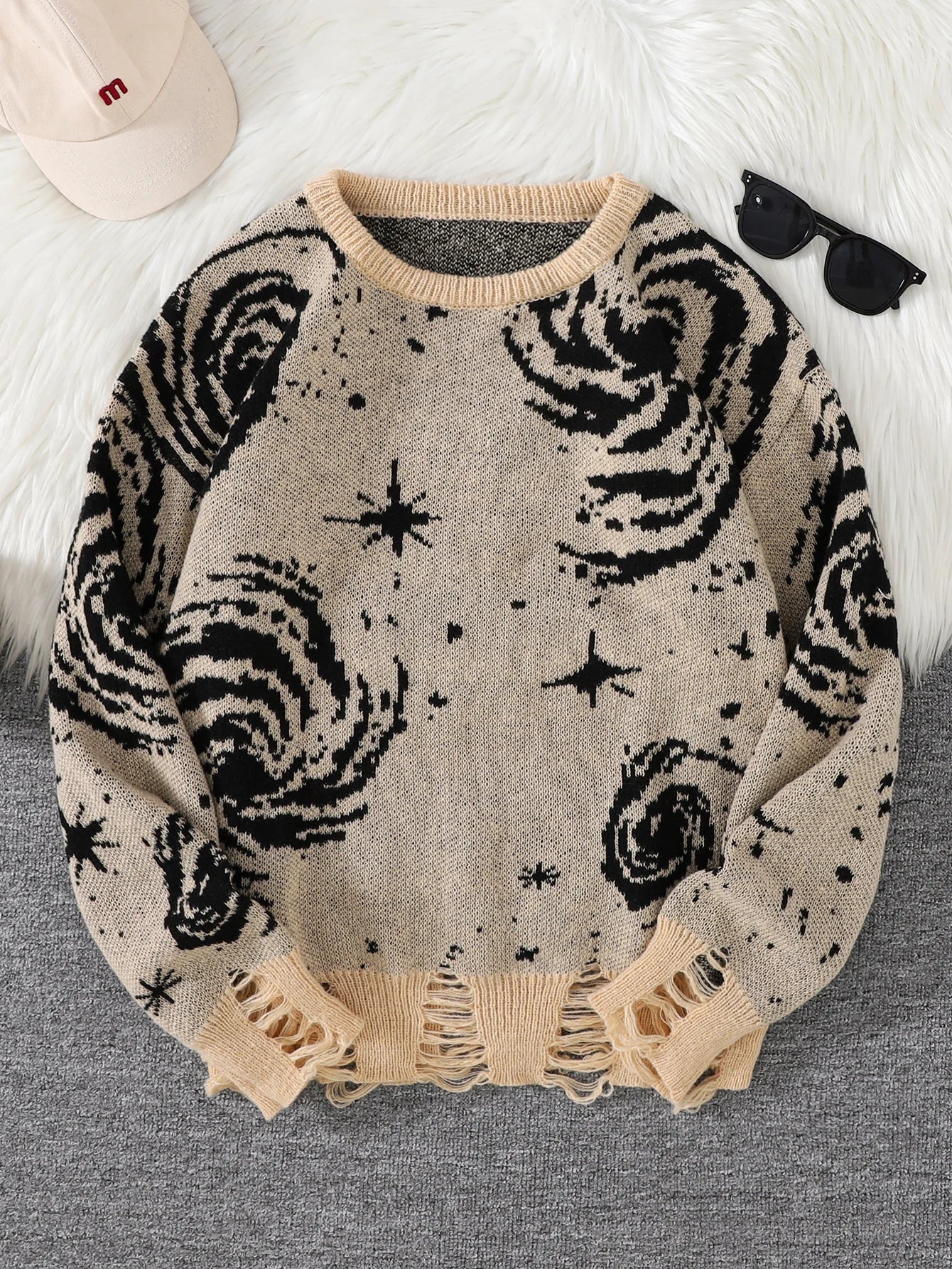 New Trendy Street Style Ripped Abstract Starry Sky Pattern Pullover Ripped Sweater Casual Crew Neck Knitted Men's Pullover