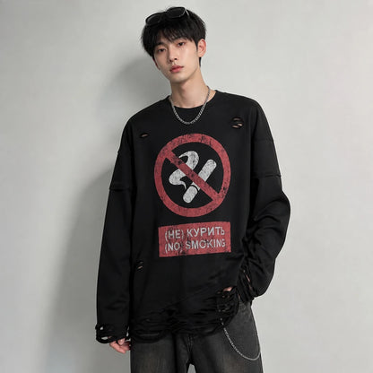 Y2K Cigarette Pattern Print Streetwear Harajuku Hip Hop Ripped Long Sleeve Top Gothic Fashion Crew Neck Sweatshirt Men Women