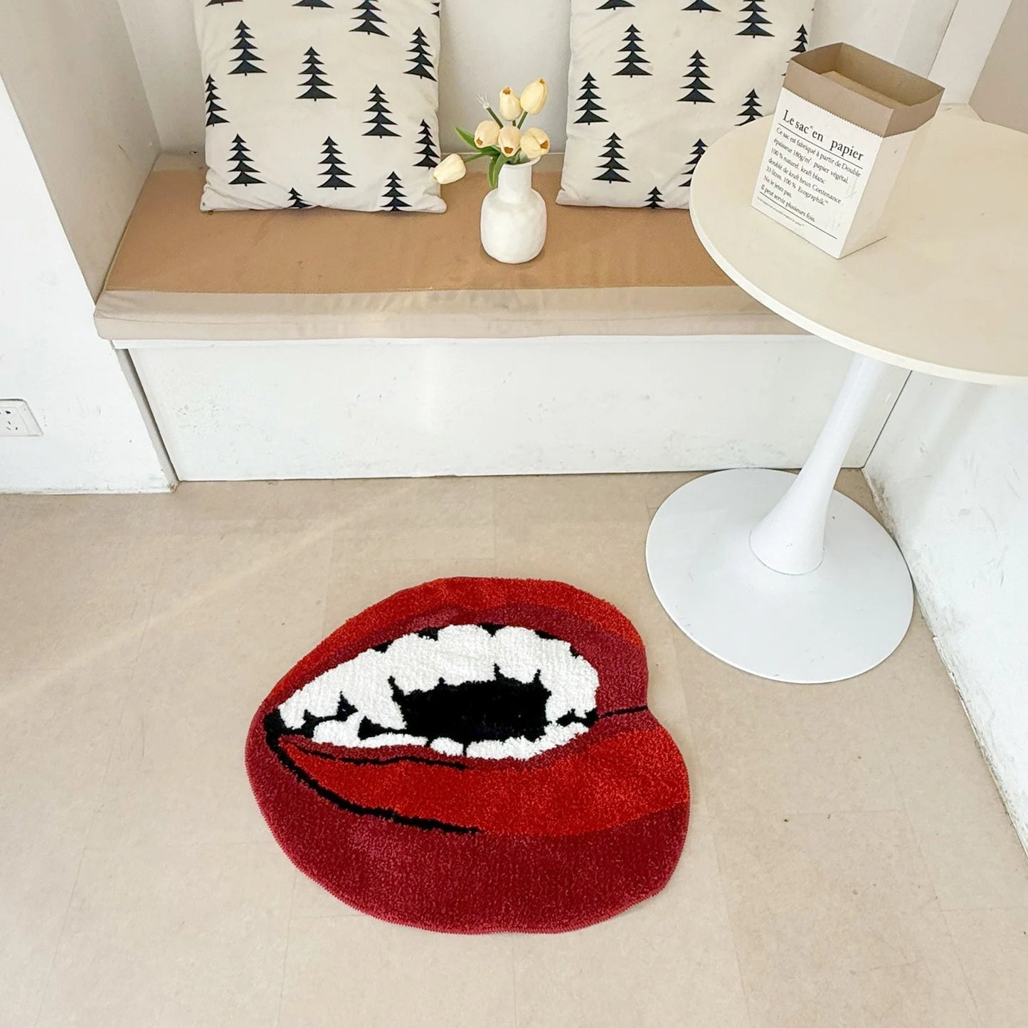 Red Lips Shaped Tufted Rug Aesthetic Vampire Teeth Print Soft Fluffy Non Slip Floor Flocking Mat for Bedroom Decor