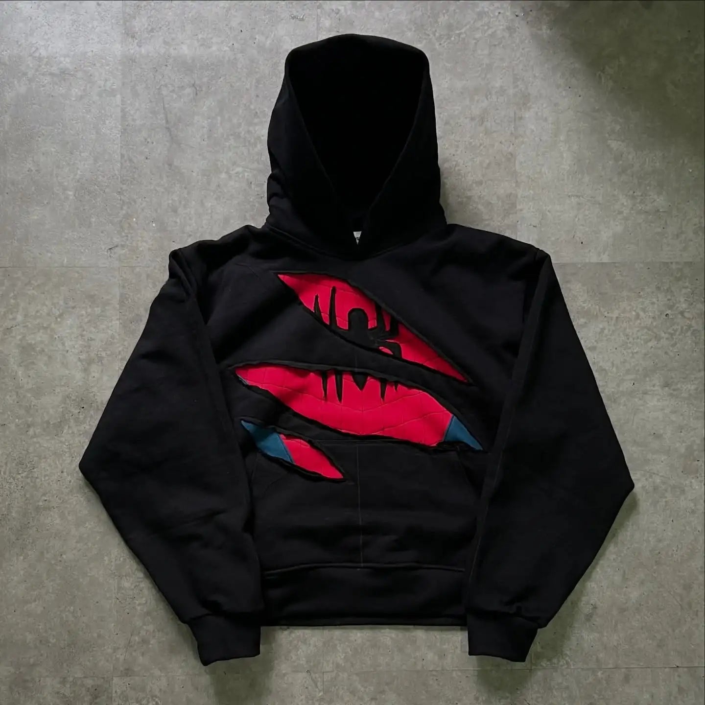 American Style Harajuku Style Space Destruction Hoodie with Fashionable and Personalized Patchwork Red Spider Print Loose Hoodie