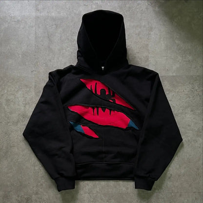 American Style Harajuku Style Space Destruction Hoodie with Fashionable and Personalized Patchwork Red Spider Print Loose Hoodie