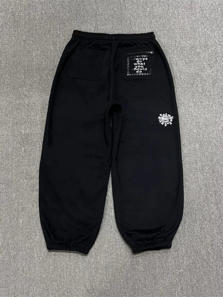 HOUZHOU Vintage Graphic Fleece Sweatpants Women Casual Classic Gray Black Wide Leg Warm Trouser Thick Jogger Hip Hop Winter 2024