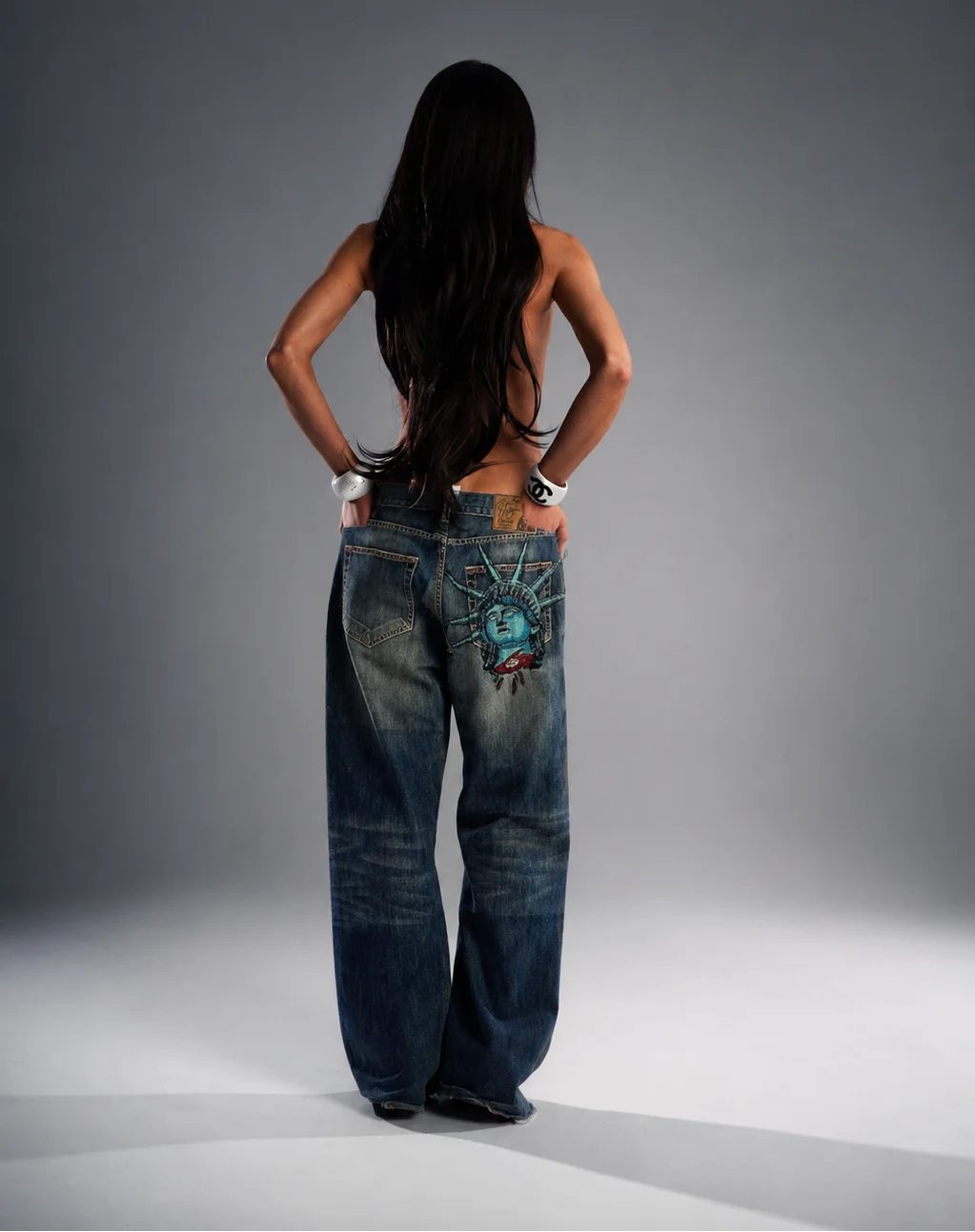 Y2k 2000s Statue of liberty Diamonds Jeans Casual Denim Pants High Waist Straight Wide Leg Jeans Harajuku Vintage Women Clothing