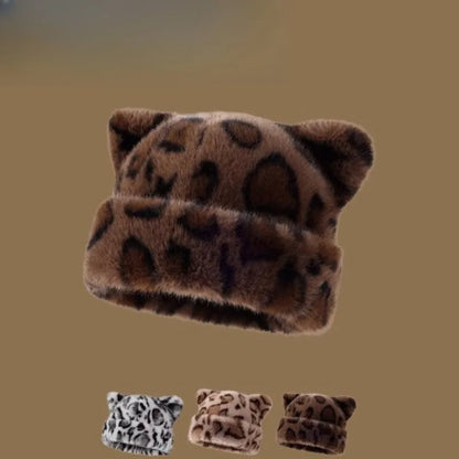 Leopard Print Plush Teddy Bear Hat for Women, Sweet and Cute, Thick and Warm, Retro and Versatile, Hooded Beanie.